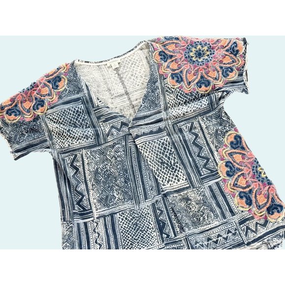 SUNDANCE Boho Short Sleeve V Neck Embroidered T Shirt Top Blouse Sz XL - Picture 2 of 8